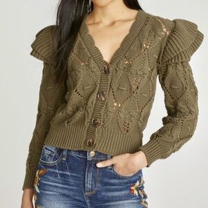 DRIFTWOOD Olive Puff-Shoulder Cable Knit Button Cardigan